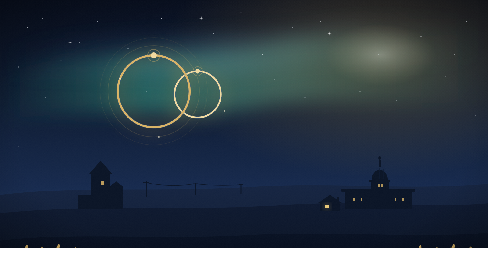 Illustration of two interlocked glowing golden rings representing a parent and a sponsored dependent child, over a Saskatchewan prairie skyline