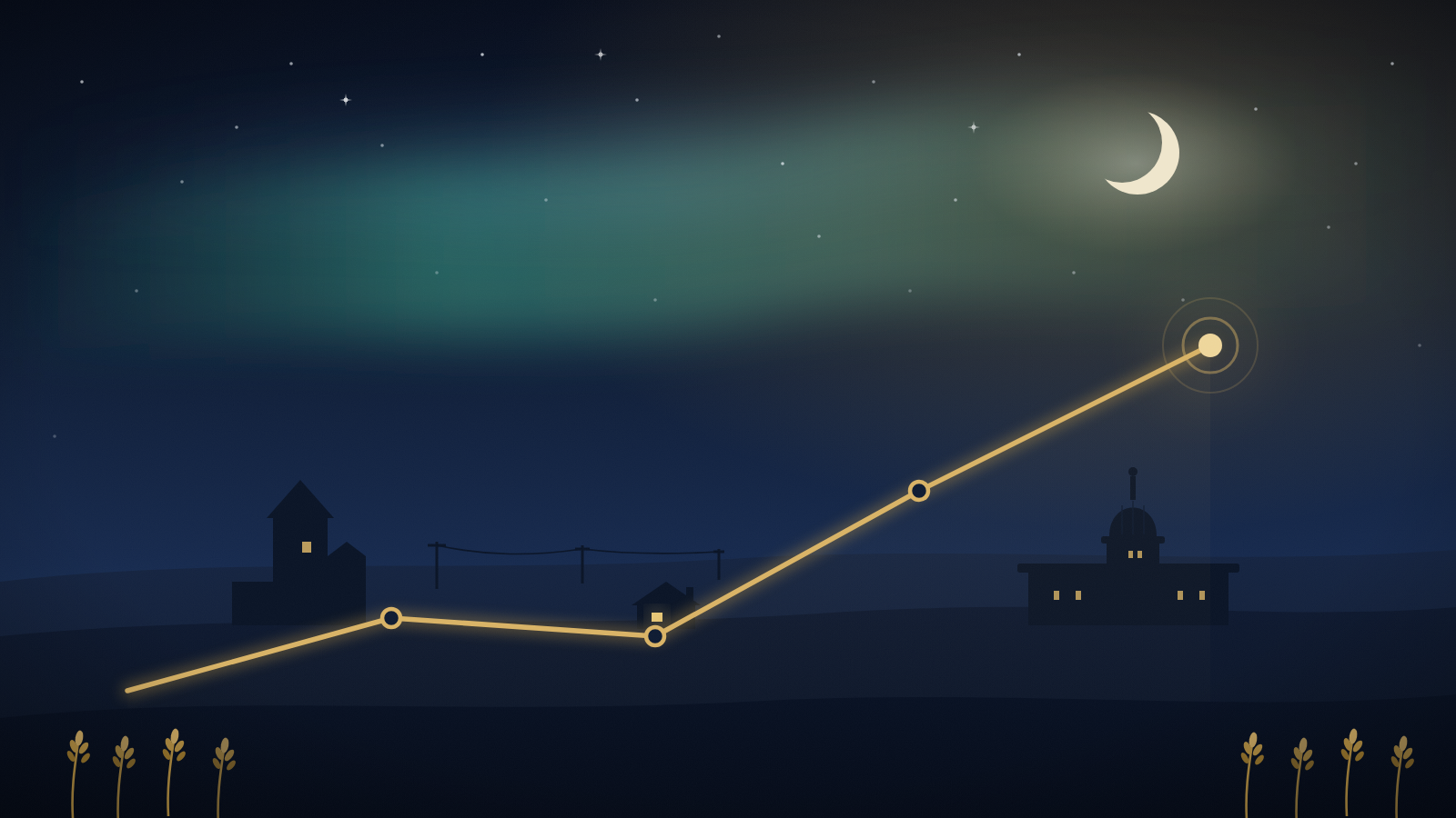 Illustration of a rising score line over a Saskatchewan prairie skyline