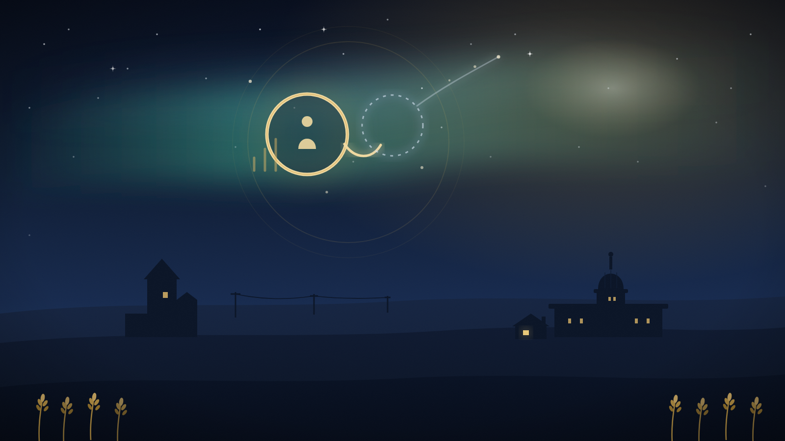 Illustration of a glowing lit ring holding a figure linked by a bridge of light to a fading, dashed ring trailing away like a comet, over a Saskatchewan prairie skyline
