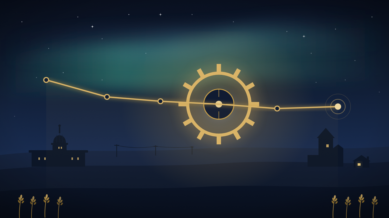 Illustration of a glowing gold gear with a dipping CRS cut-off line threading through its hub, over a Saskatchewan prairie skyline