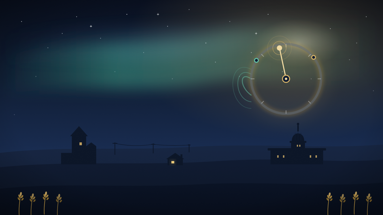 Illustration of a glowing gauge with a swinging needle and language wave arcs over a Saskatchewan prairie skyline