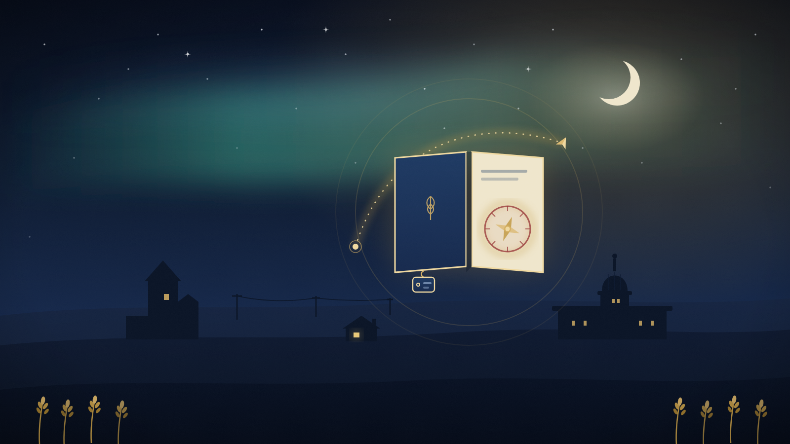 Illustration of a glowing open passport with a compass entry stamp, a luggage tag and a dotted flight path, over a Saskatchewan prairie skyline