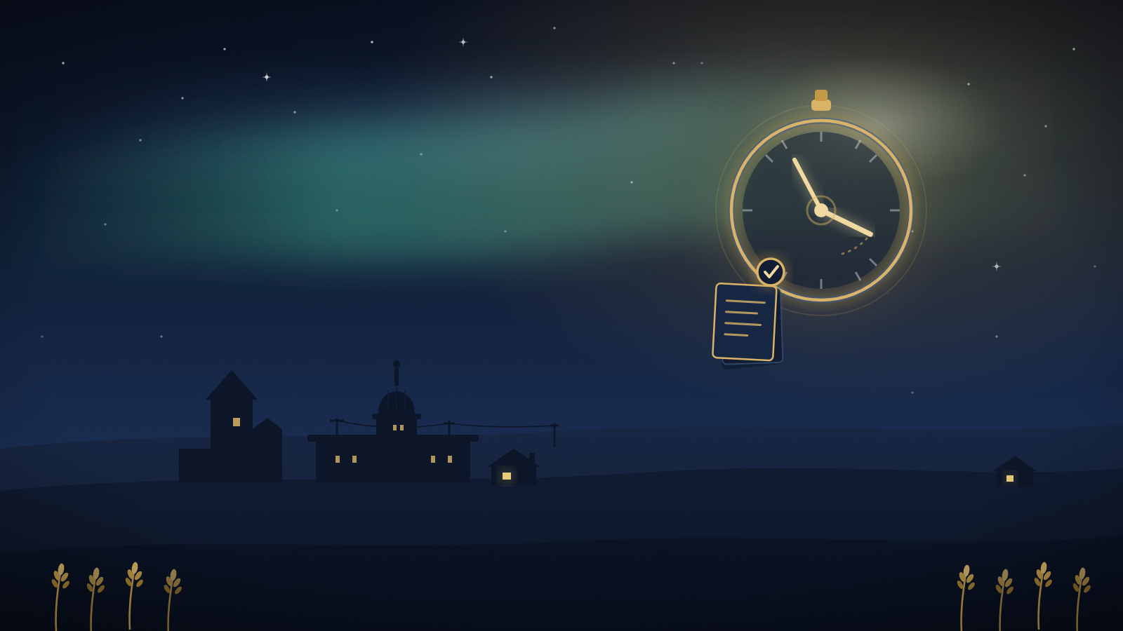 Illustration of a glowing stopwatch beside an approved document over a Saskatchewan prairie skyline