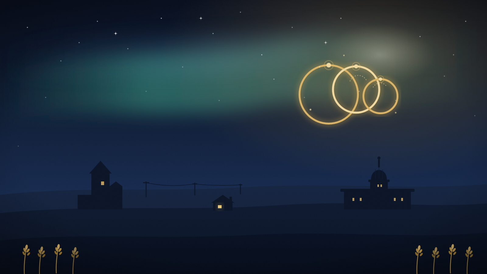 Illustration of three linked golden rings representing grandparent, parent and child generations over a Saskatchewan prairie skyline