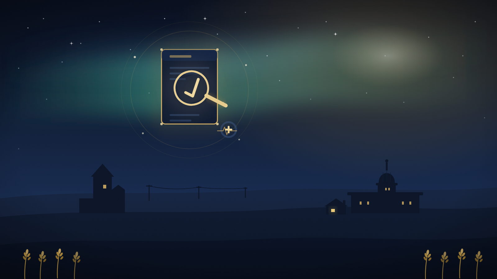 Illustration of a glowing application document examined by a magnifying glass with a checkmark, over a Saskatchewan prairie skyline