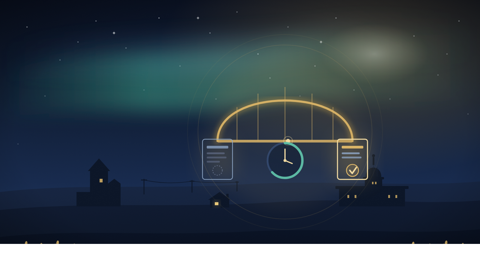 Illustration of a glowing bridge arching between a pending application document and an approved work permit card, with a wait-time clock beneath, over a Saskatchewan prairie skyline