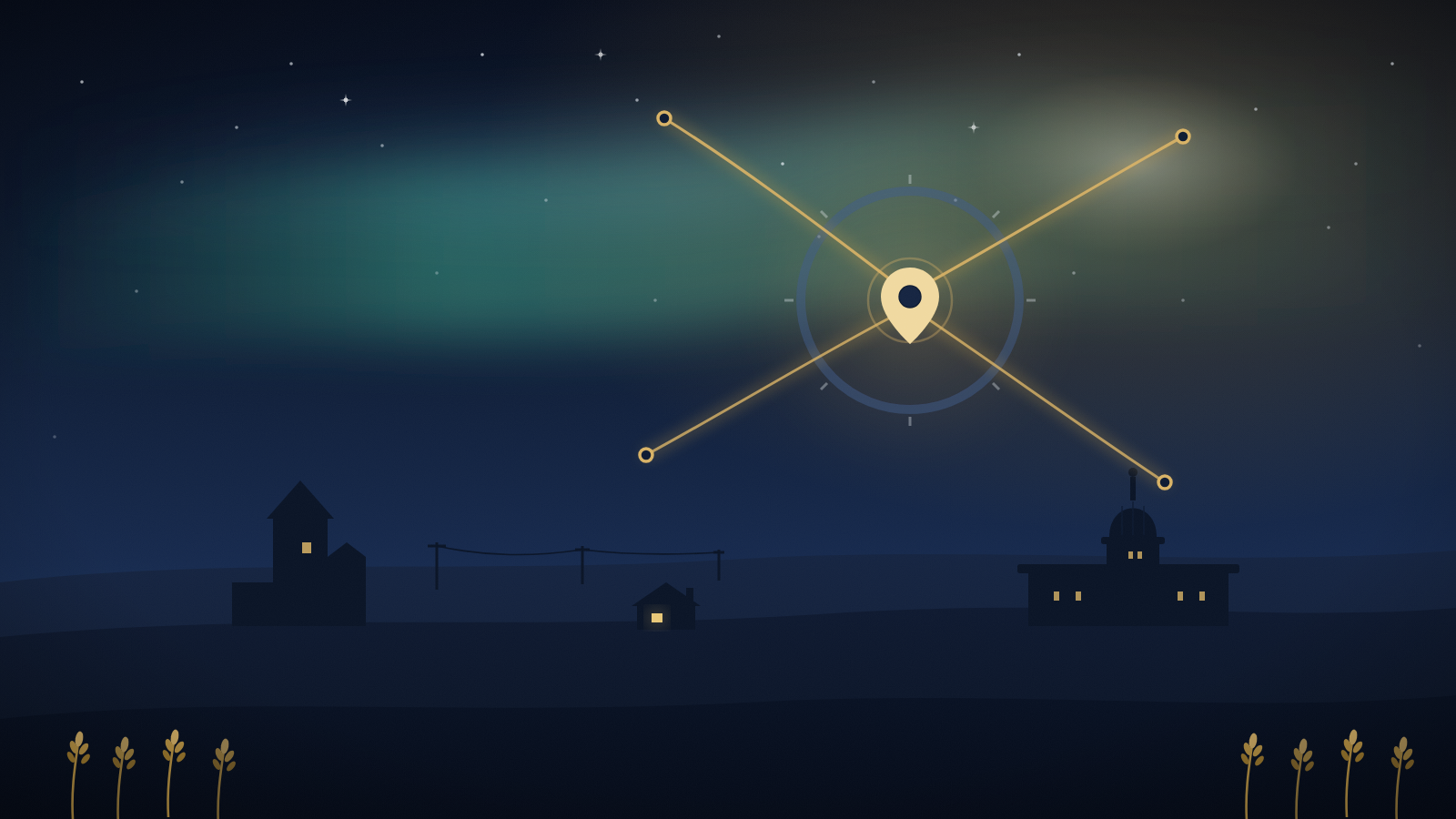 Illustration of a glowing map pin over a Saskatchewan prairie skyline, with pathways converging toward it