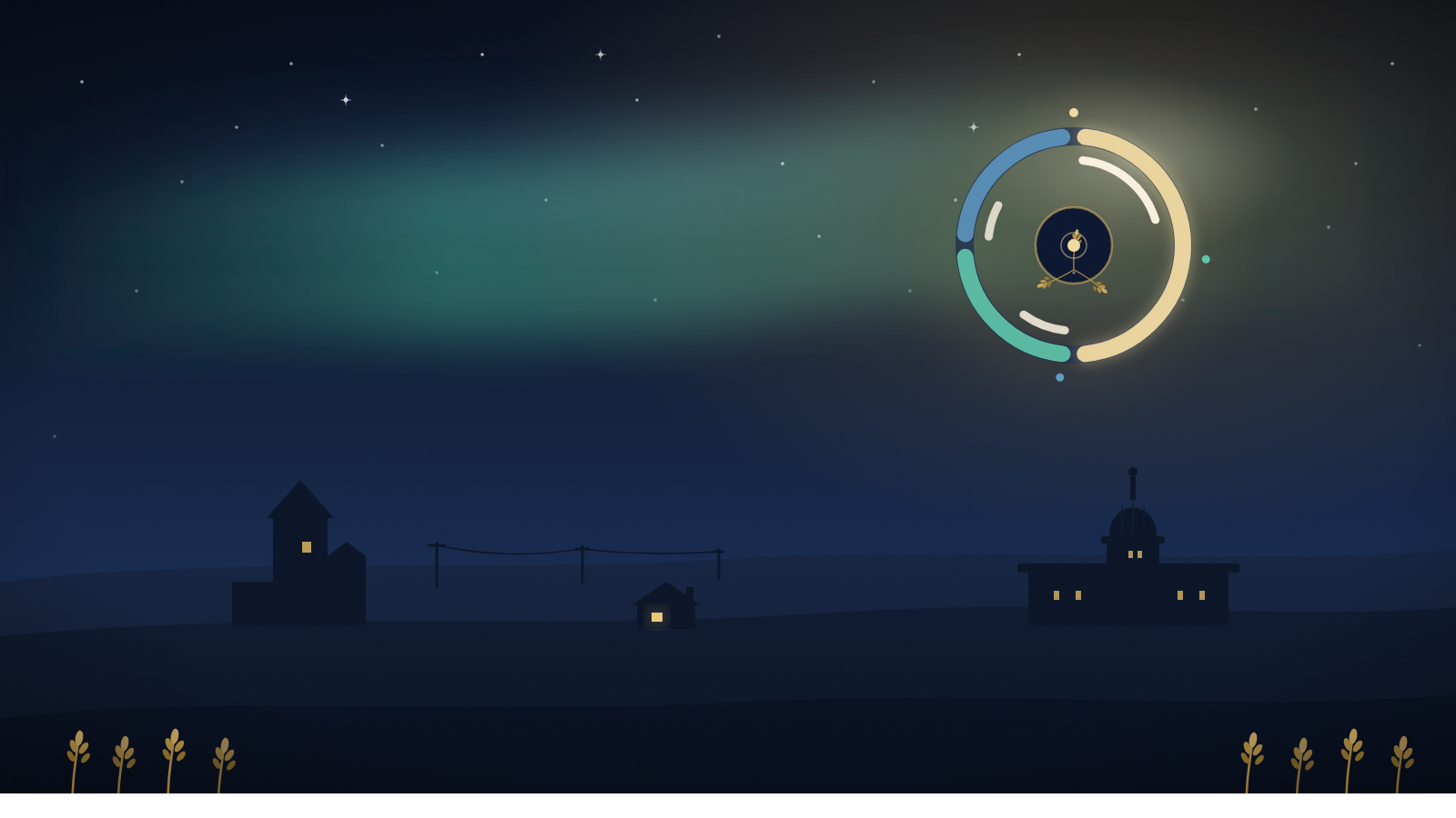 Illustration of a three-colour quota wheel split into gold, teal and blue wedges around a wheat-sprig hub, over a Saskatchewan prairie skyline