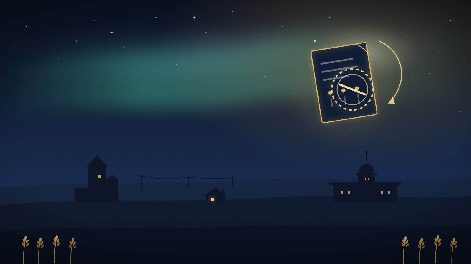 Illustration of a glowing application document crossed by a returned stamp ring and a looping return arrow, over a Saskatchewan prairie skyline