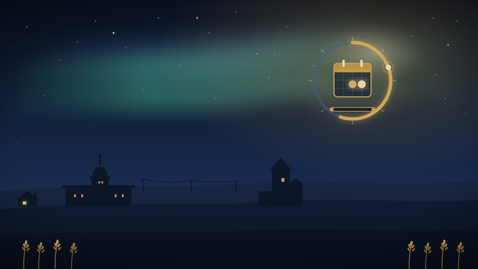 Illustration of a glowing calendar with two highlighted dates inside a quota progress ring, over a Saskatchewan prairie skyline