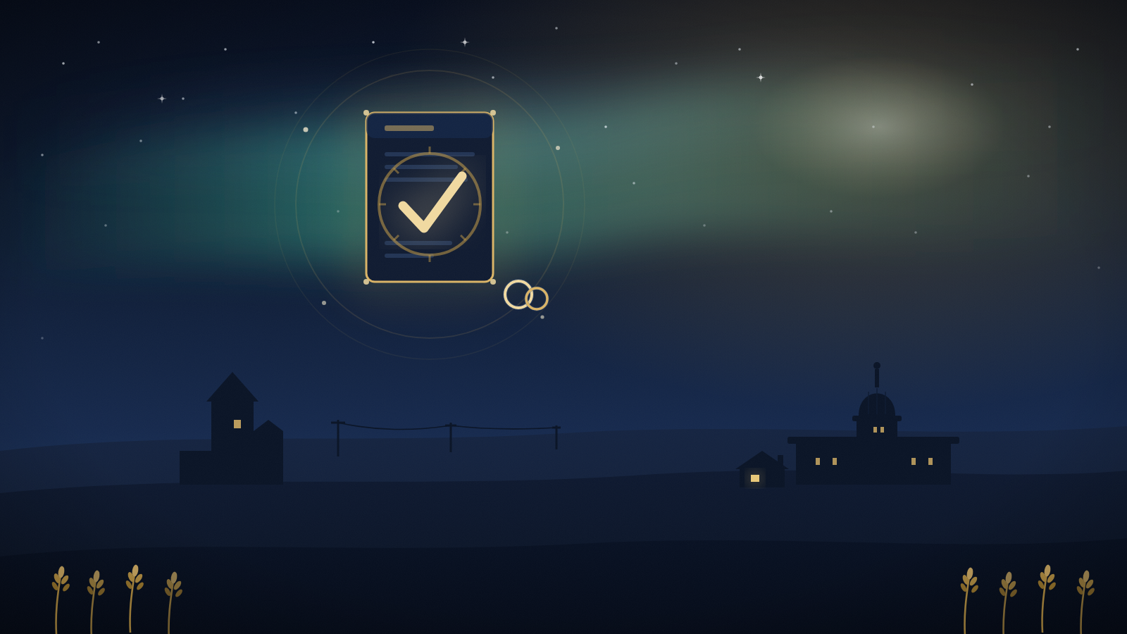Illustration of a glowing document with a checkmark seal and a pair of linked rings, over a Saskatchewan prairie skyline