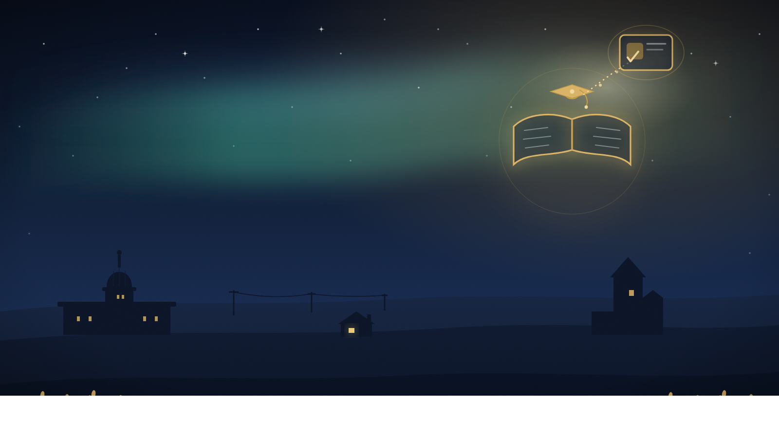 Illustration of a glowing open book topped with a graduation cap, linked by a thread of light to a floating work permit card marked with a checkmark, over a Saskatchewan prairie skyline