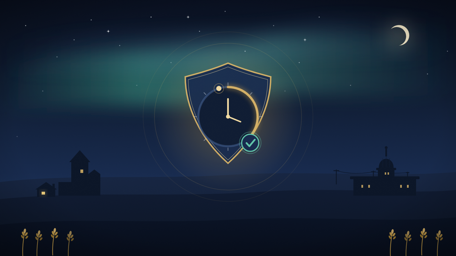 Illustration of a glowing shield holding a clock with a countdown ring and a checkmark badge, over a Saskatchewan prairie skyline